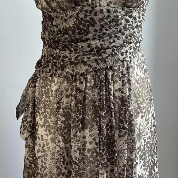 BCBGMAXAZRIA Silk Metallic Crinkle Chiffon Halter Midi Dress Ruched Waist – US 6 - Picture 3 of 12